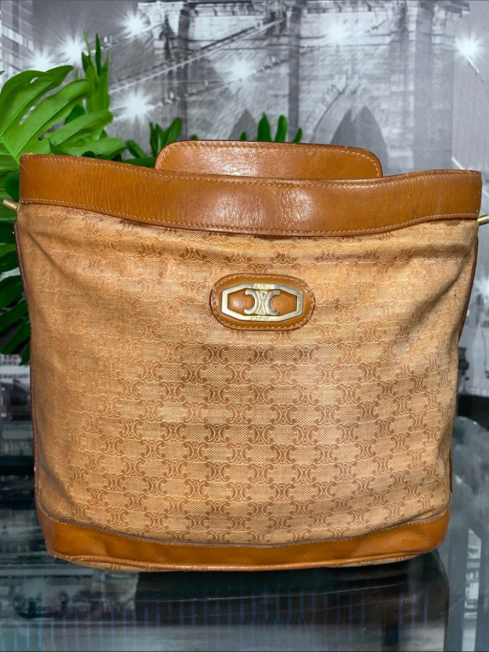 Authentic Vintage Celine Macadam Tan Brown coated Canvas & Leather Shoulder Bag